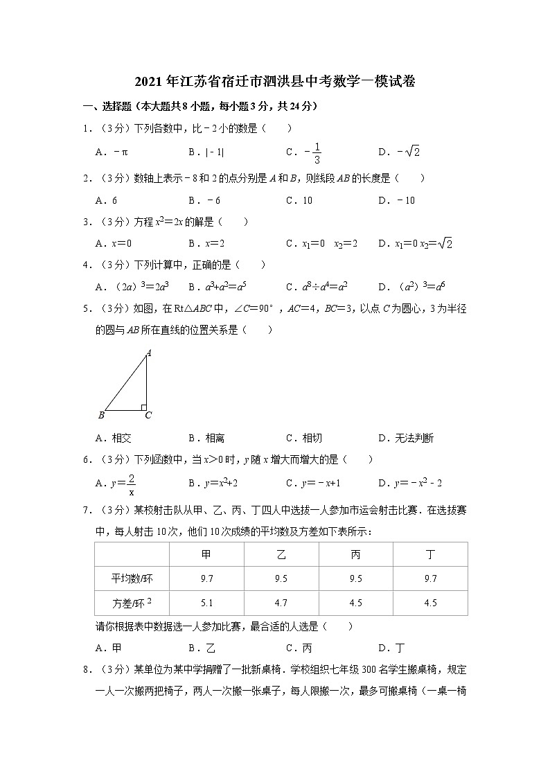 2021年江苏省宿迁市泗洪县中考数学一模试卷第1页
