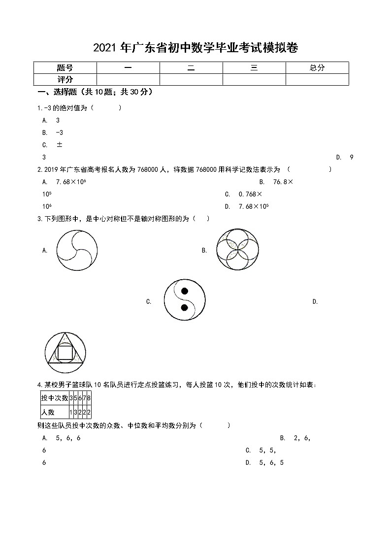 试卷 2021年广东省初中数学毕业考试模拟卷01
