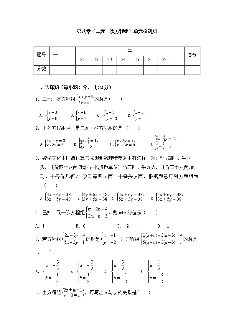2020—2021学年人教版七年级数学下册第八章《二元一次方程组》单元同步检测试题（含答案）01