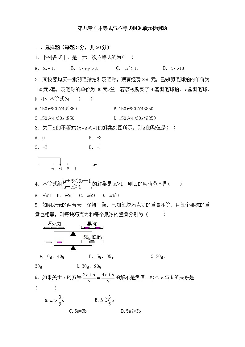 2012--2021学年人教版七年级数学下册第九章《不等式与不等式组》单元同步检测试题（含答案）01