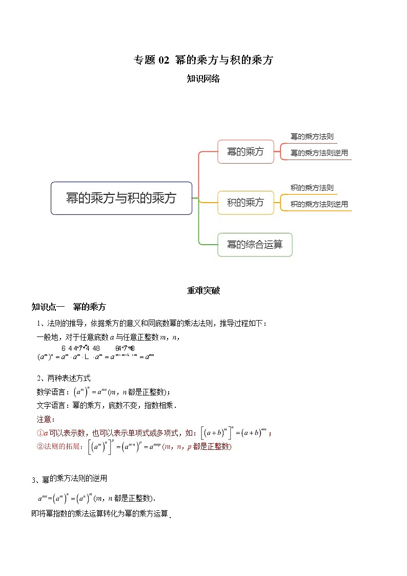 教案 北师大版初中数学章节复习7年级下册 专题02 幂的乘方与积的乘方（知识点串讲+专题测试）01