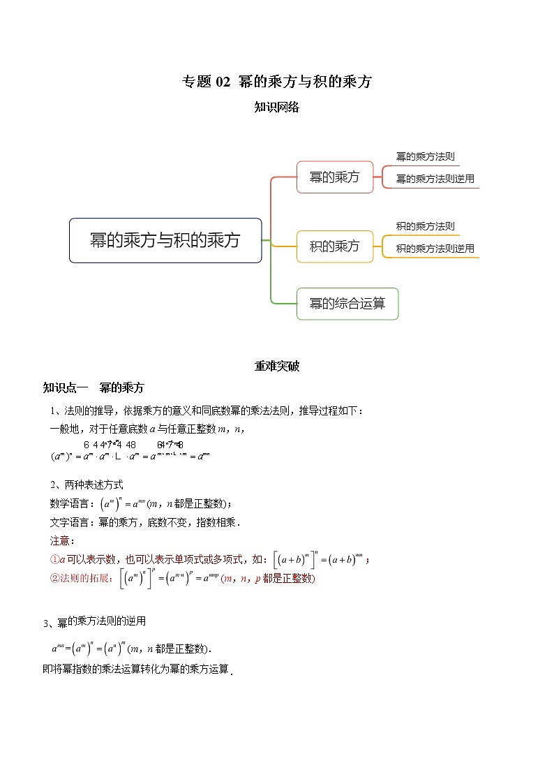 教案 北师大版初中数学章节复习7年级下册 专题02 幂的乘方与积的乘方（知识点串讲+专题测试）01