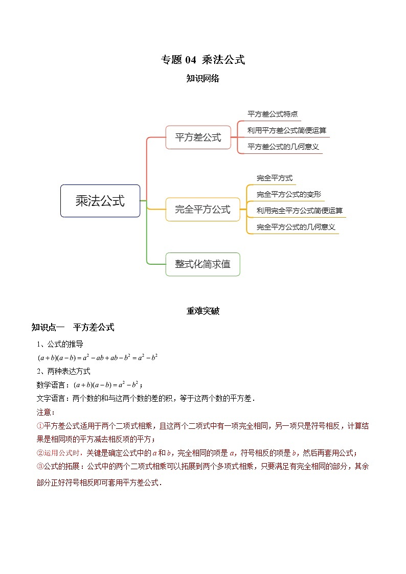教案 北师大版初中数学章节复习7年级下册 专题04 乘法公式（知识点串讲+专题测试）01