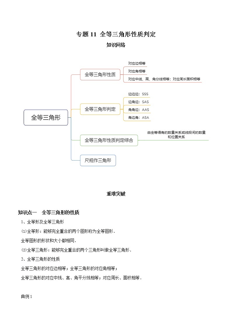 教案 北师大版初中数学章节复习7年级下册 专题11 全等三角形性质判定（知识点串讲+专题测试）01