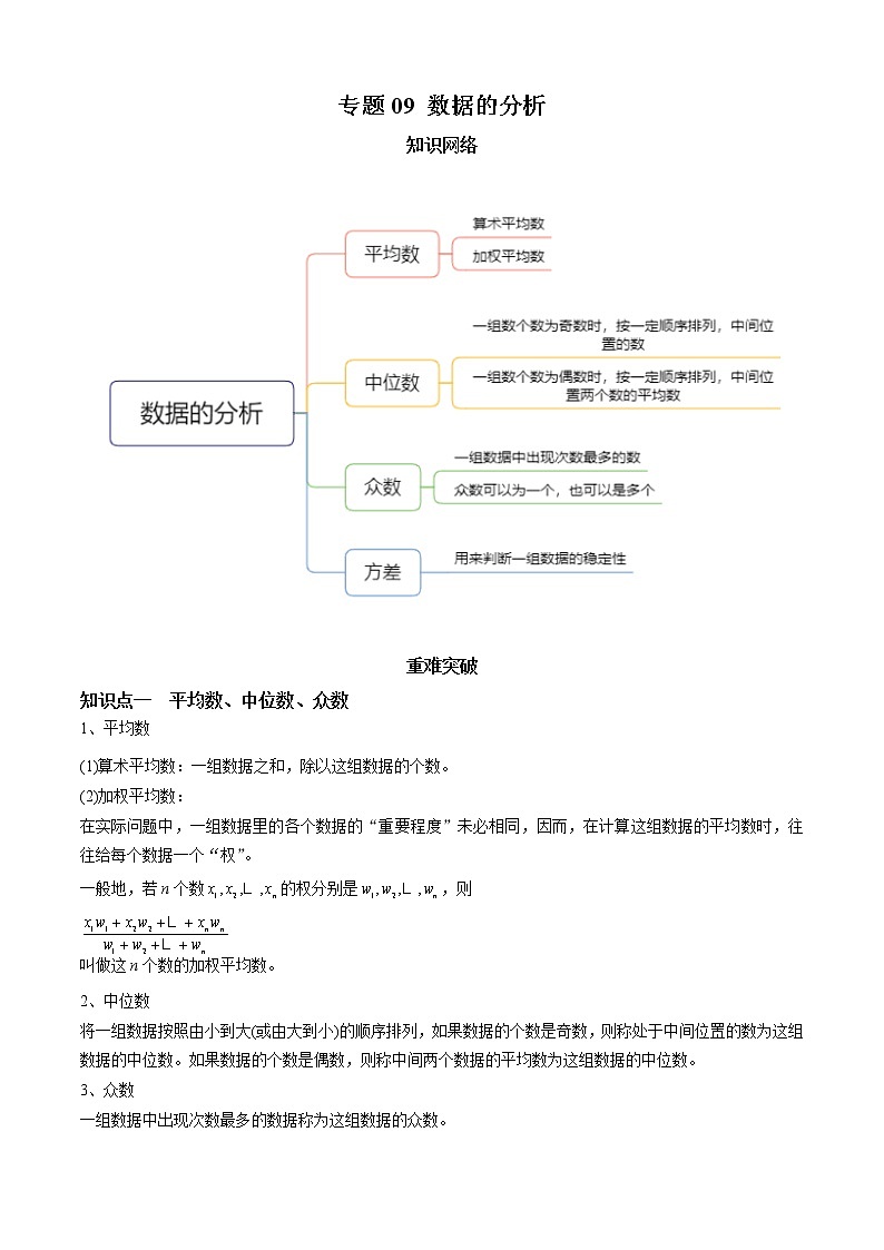 教案 北师大版初中数学章节复习 8年级上册 专题09 数据的分析（知识点串讲+专题测试）01
