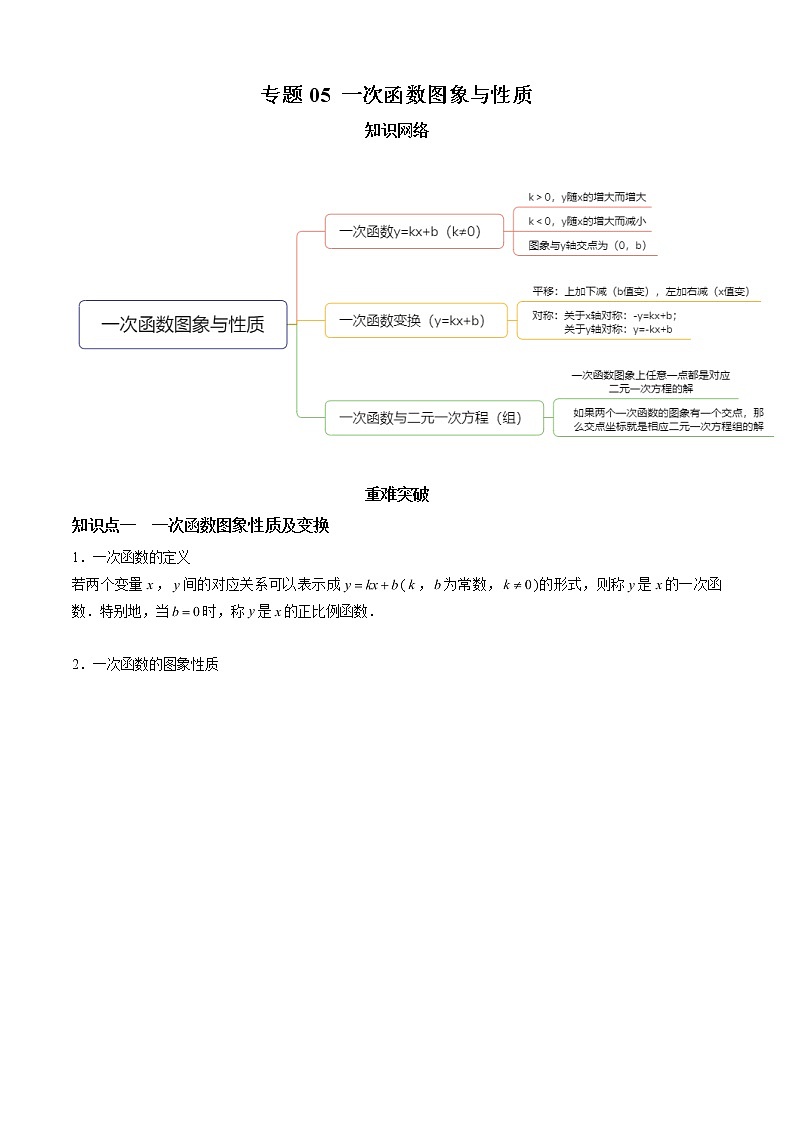 教案 北师大版初中数学章节复习 8年级上册 专题05 一次函数图象与性质（知识点串讲+专题测试）01