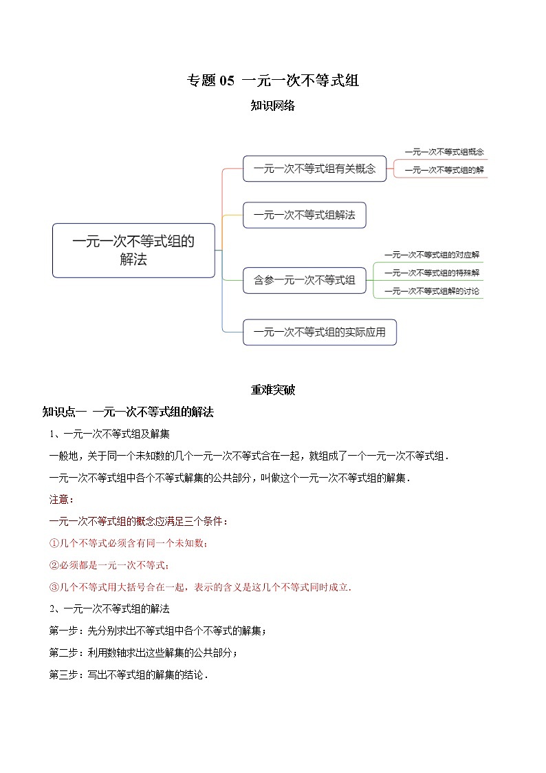 教案 北师大版初中数学章节复习 8年级下册 专题05 一元一次不等式组（知识点串讲+专题测试）01
