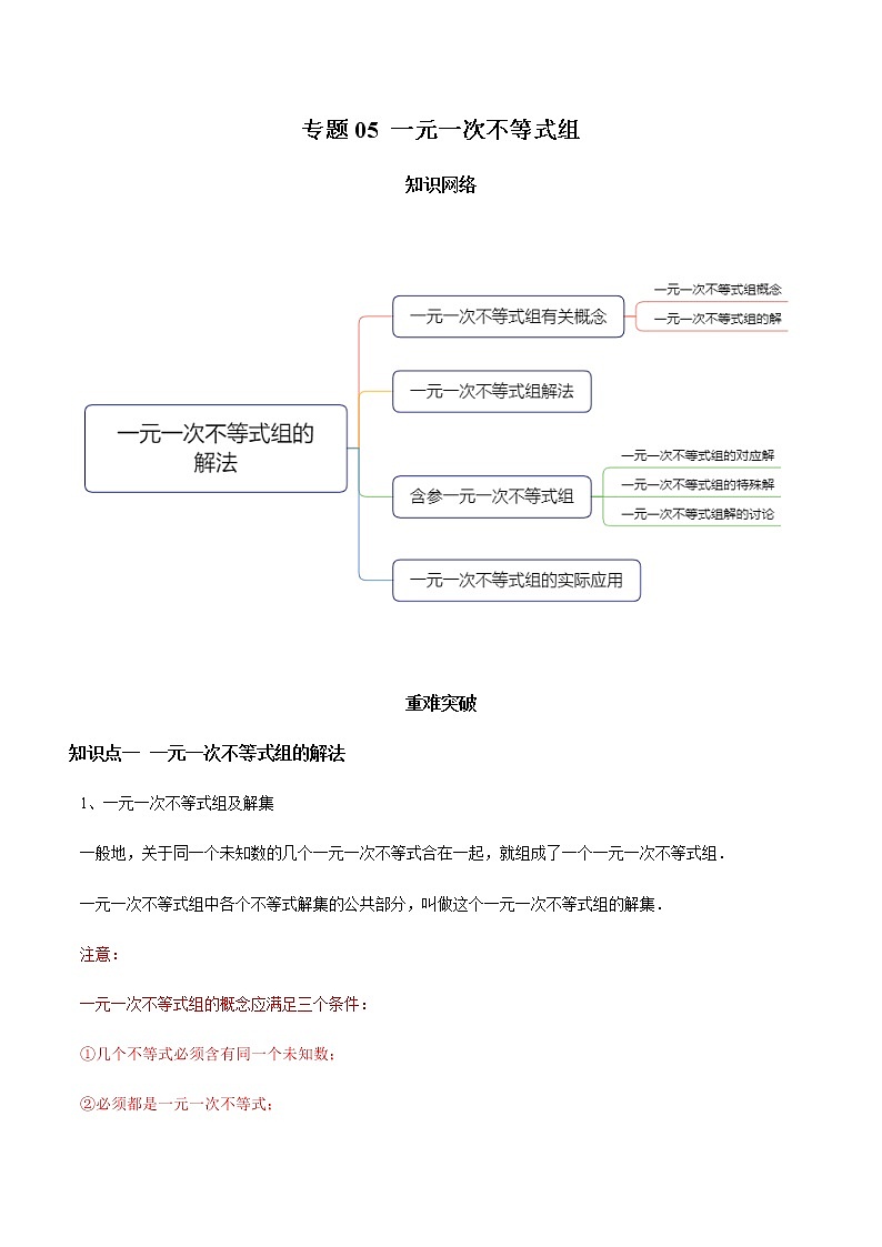 教案 北师大版初中数学章节复习 8年级下册 专题05 一元一次不等式组（知识点串讲+专题测试）01