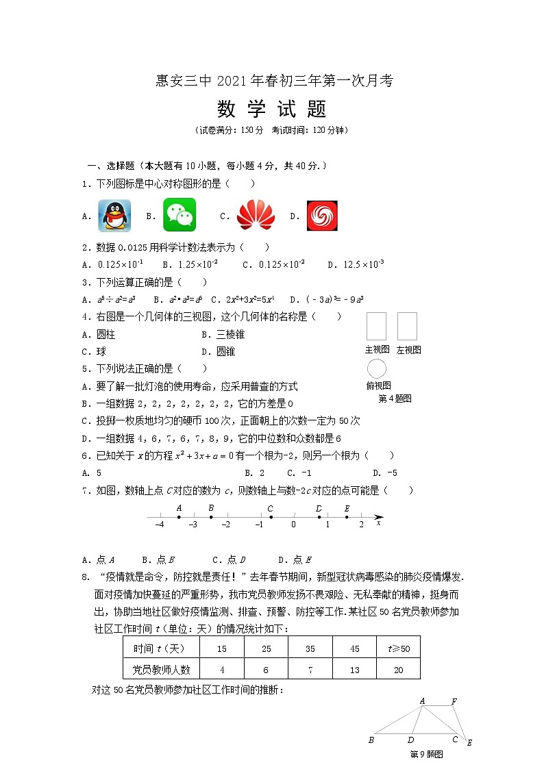 福建省泉州市惠安第三中学2020-2021学年九年级下学期第一次月考数学试题01
