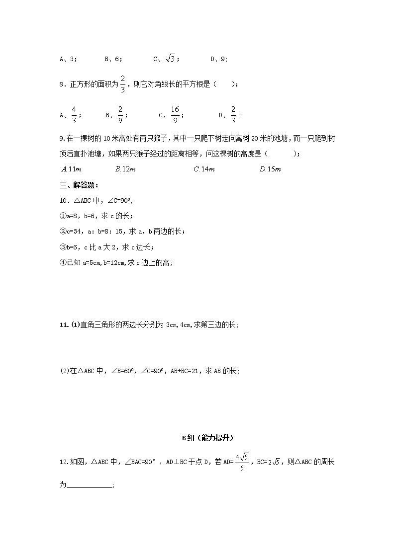 试卷 2020-2021学年人教版八年级数学下册：17.1.勾股定理  练习题02