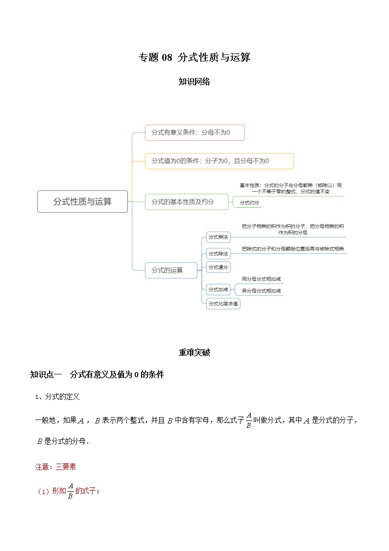 教案 北师大版初中数学章节复习 8年级下册 专题08 分式性质与运算（知识点串讲+专题测试）01