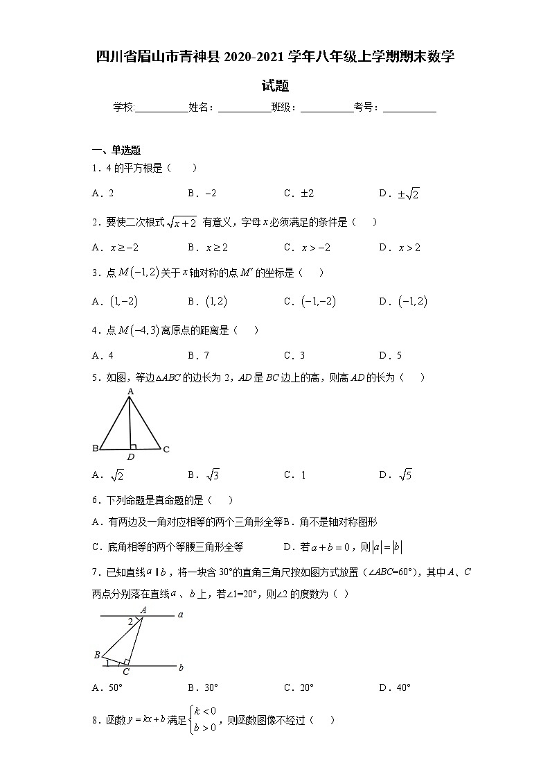 四川省眉山市青神县 2020-2021学年八年级上学期 期末数学试题（含答案）01