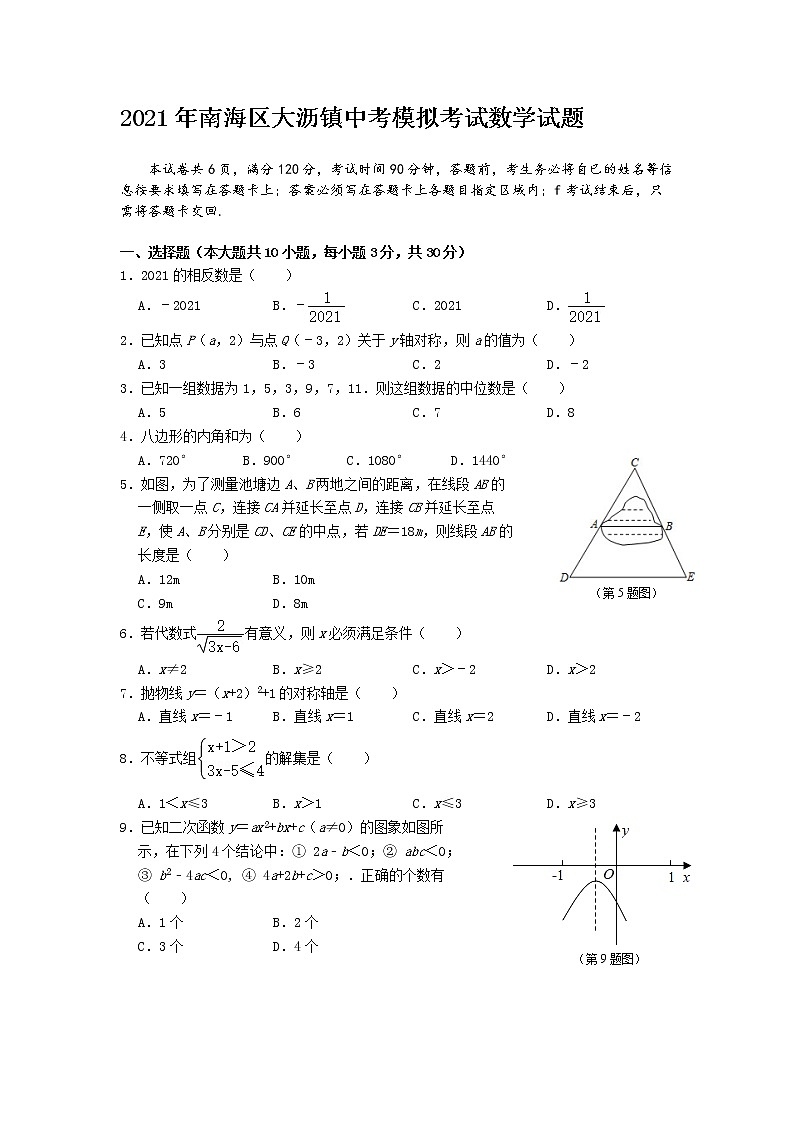 2021年佛山市南海区大沥镇中考模拟考试 数学卷01