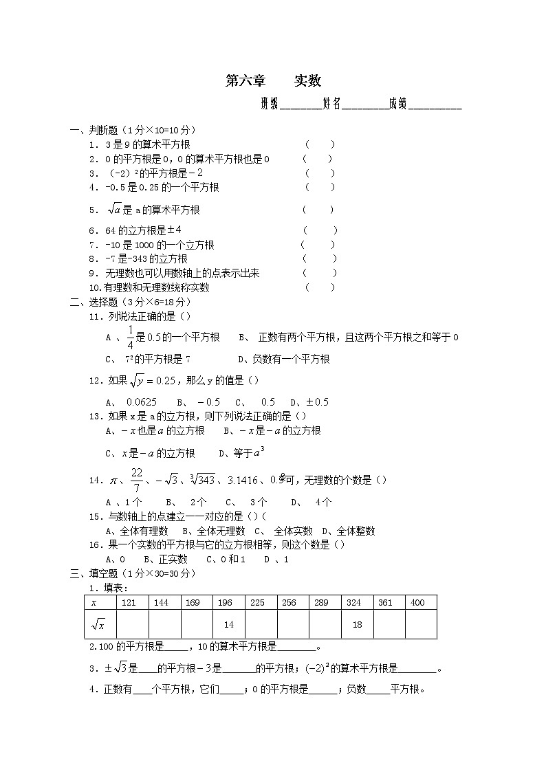 人教版数学七年级下册第六章 实数A 试卷01