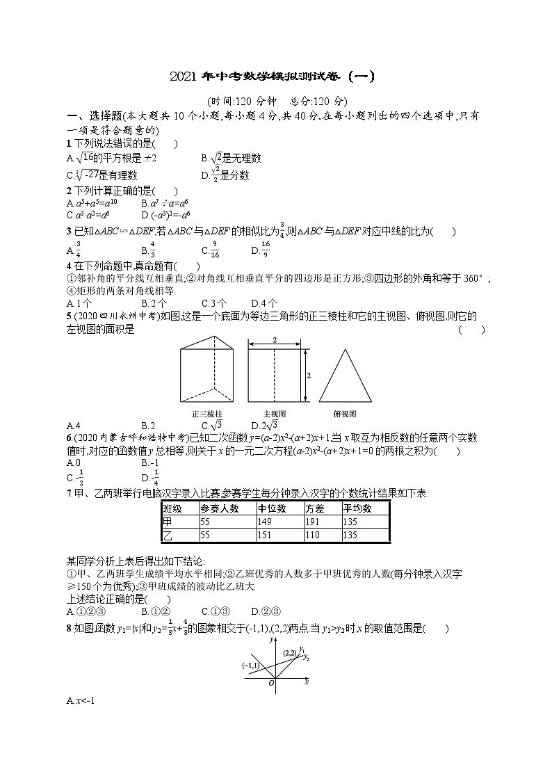 2021年中考数学模拟测试卷（一）01