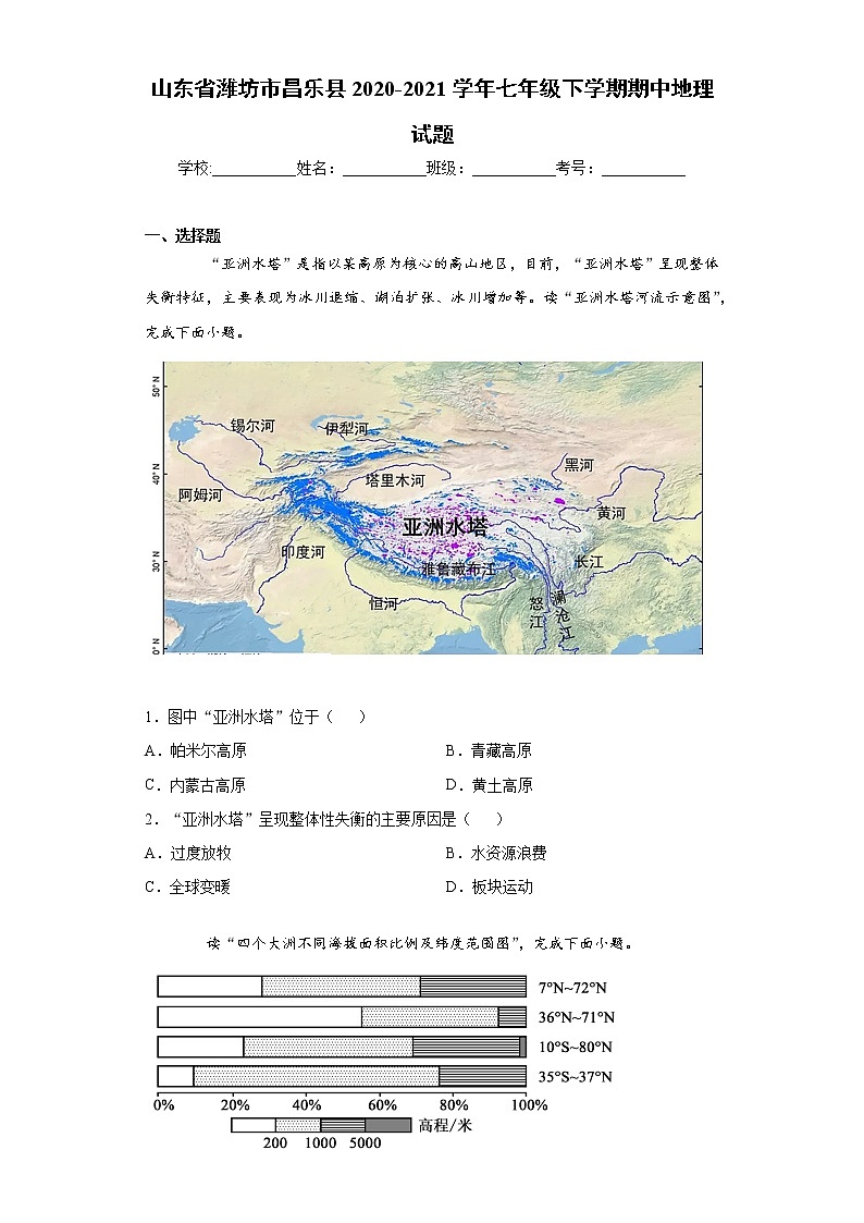 山东省潍坊市昌乐县2020-2021学年七年级下学期期中地理试题（word版 含答案）01