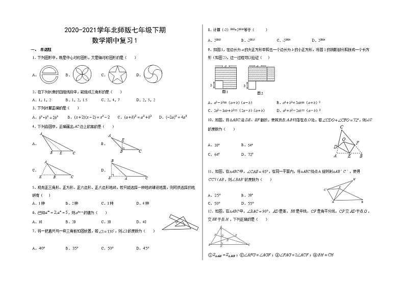 2020-2021学年七年级数学北师大版下册期中复习数学试题101