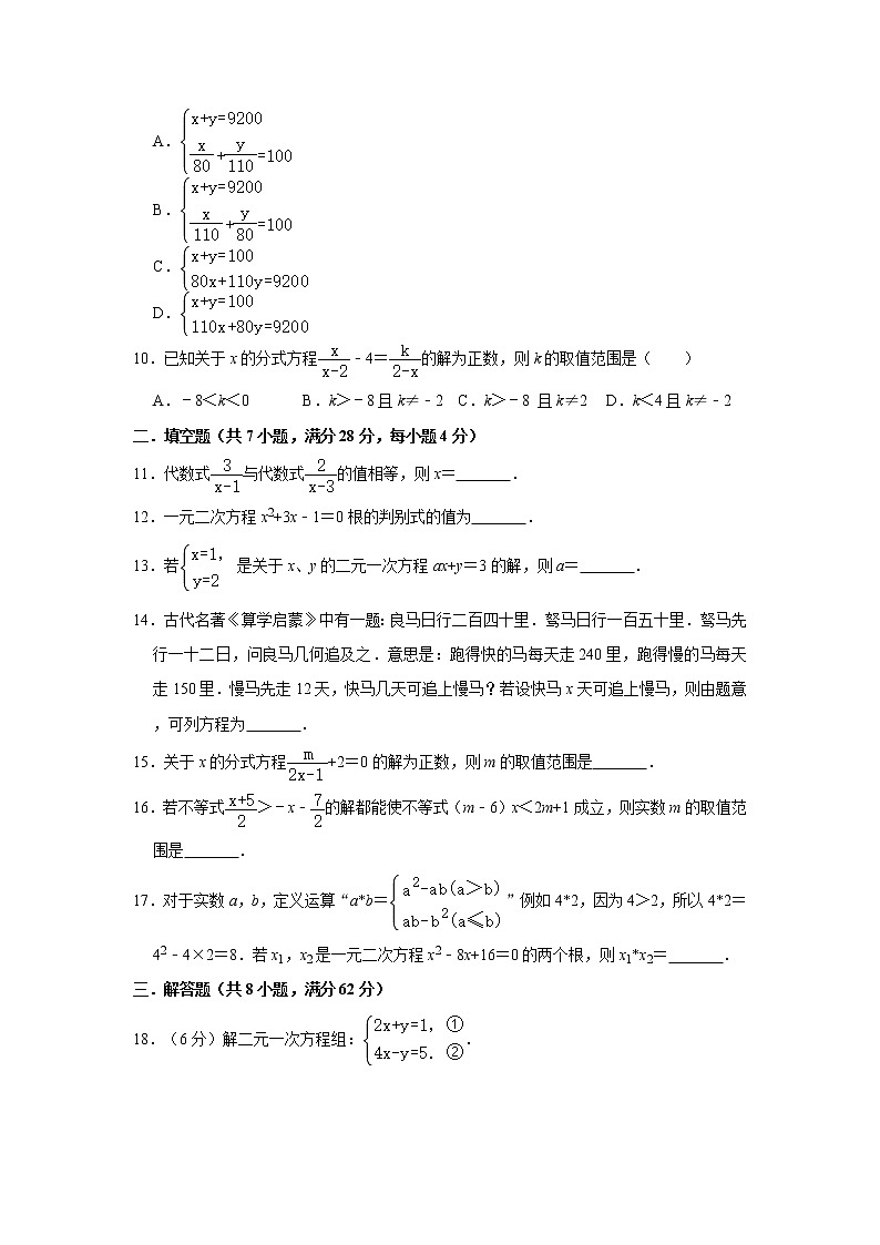 2021年（广东省考卷）中考数学复习专题测试卷-----方程与不等式（含答案）02