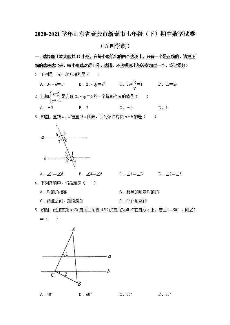 山东省泰安市新泰市2020-2021学年下学期期中考试七年级数学试题01