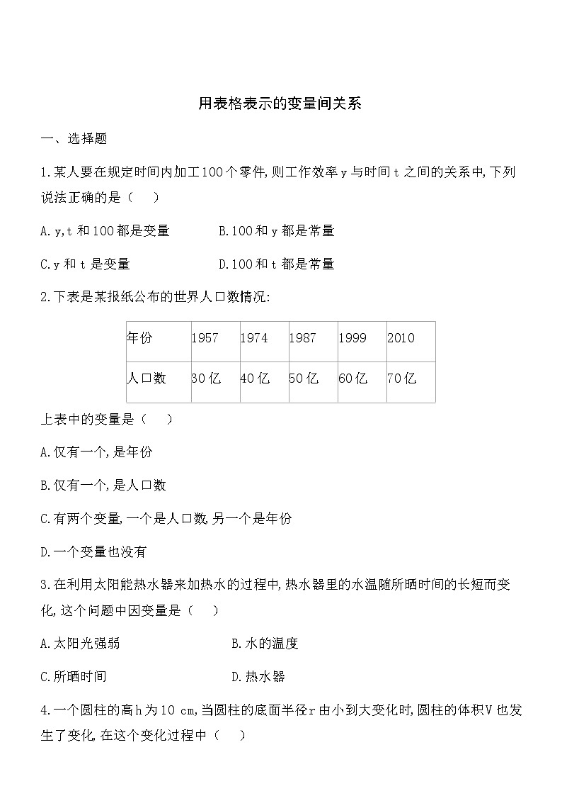 【精品】数学七年级下北师大版3.1用表格表示的变量间关系同步练习101