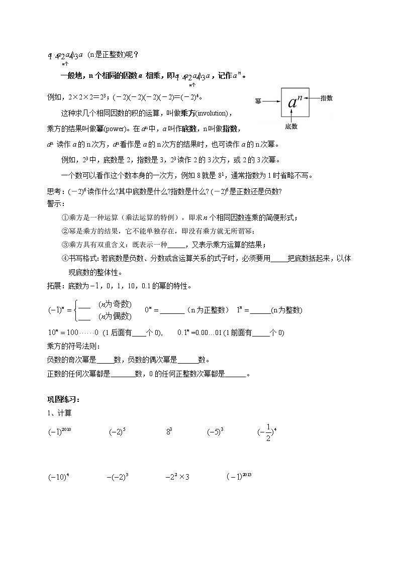 2021年暑假人教版七年级数学上册第7讲 1. 5有理数的乘方 复习讲义（无答案）02