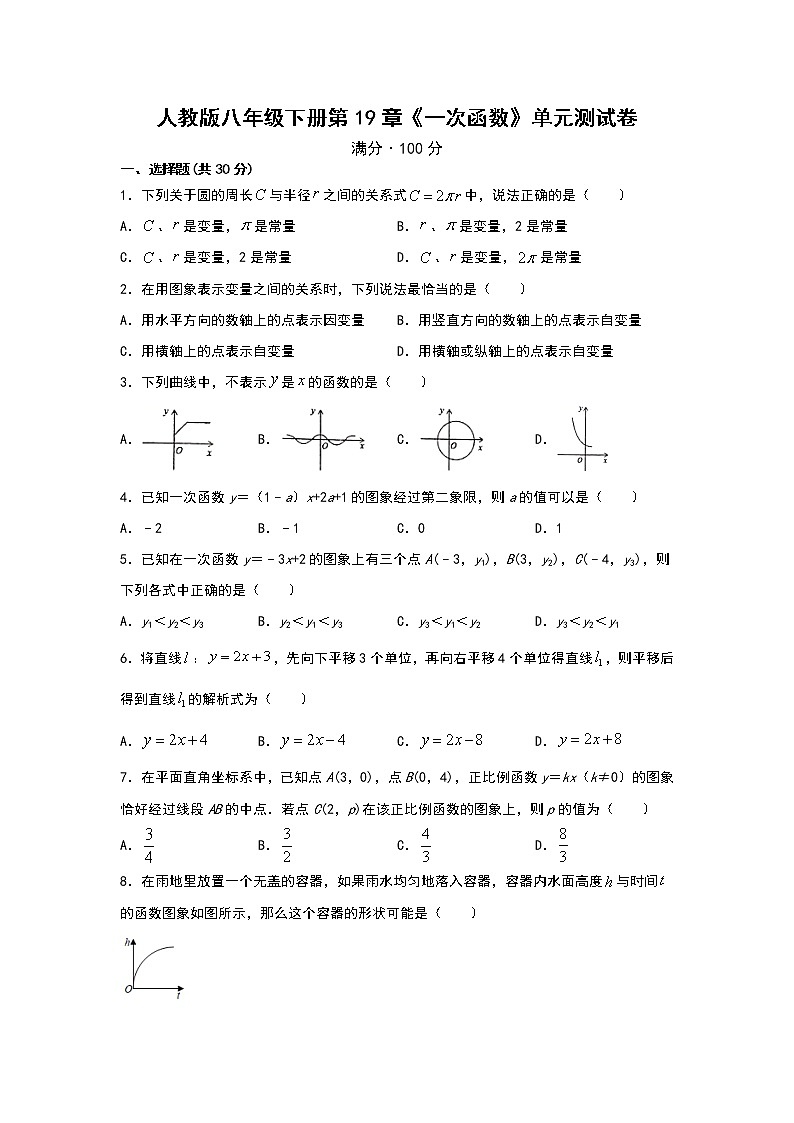 人教版八年级下册第19章《一次函数》单元测试卷    word版，含答案解析01