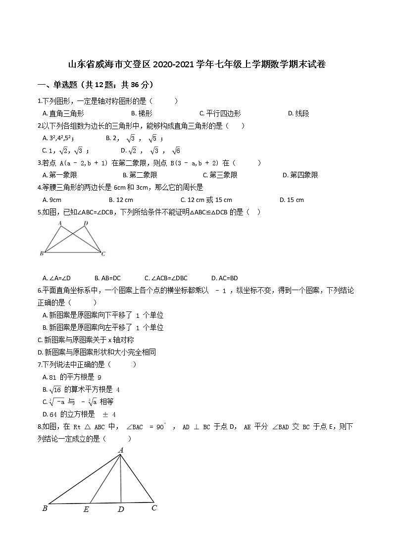 山东省威海市文登区2020-2021学年七年级上学期期末数学试卷（word版 含答案）第1页