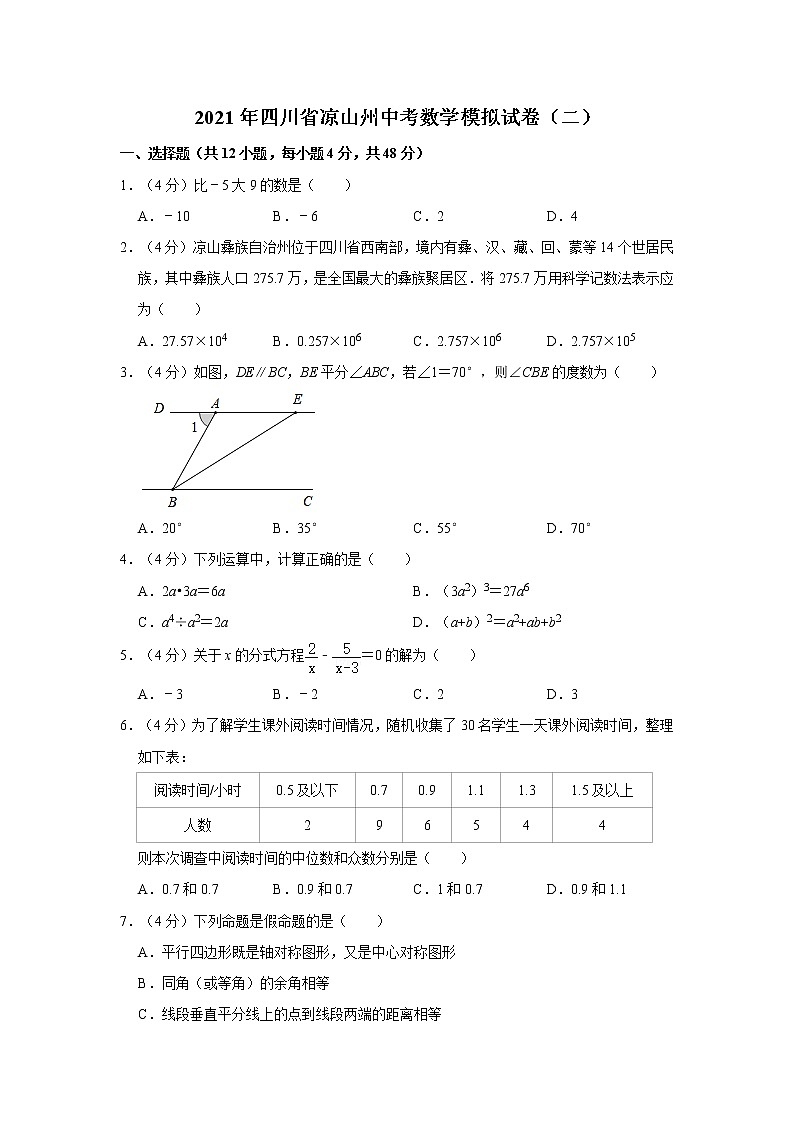 2021年四川省凉山州中考数学模拟试卷（二）01