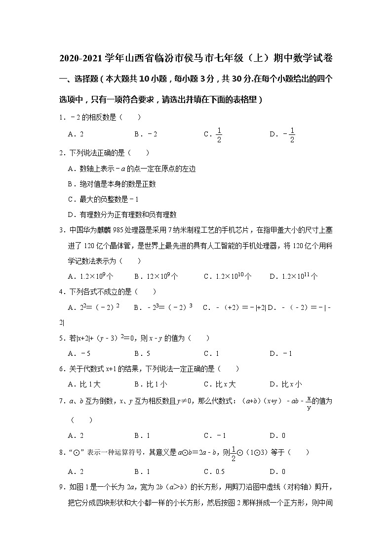 山西省临汾市侯马市2020-2021学年七年级上学期期中考试 数学试卷  解析版第1页