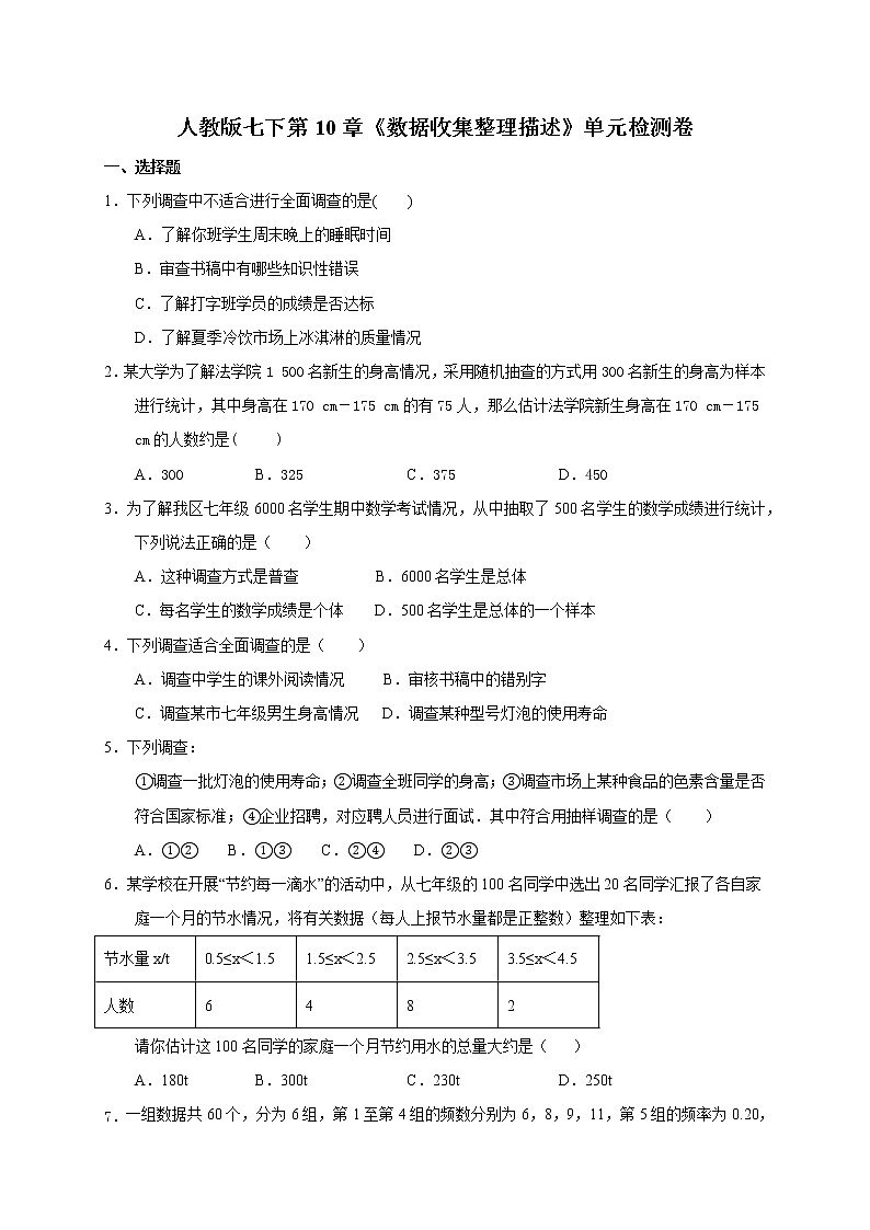 2020-2021学年七年级数学人教版下册 第10章《数据收集整理描述》单元检测卷第1页
