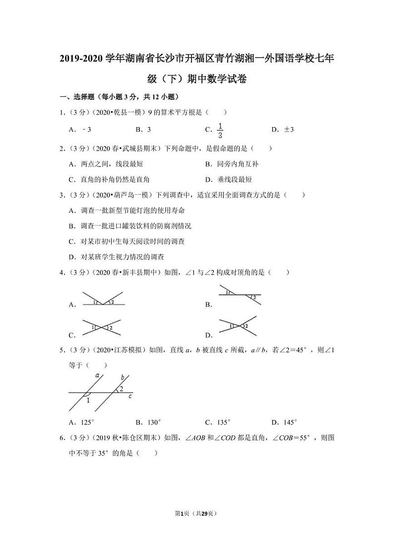 2019-2020学年湖南省长沙市开福区青竹湖湘一外国语学校七年级（下）期中数学试卷01