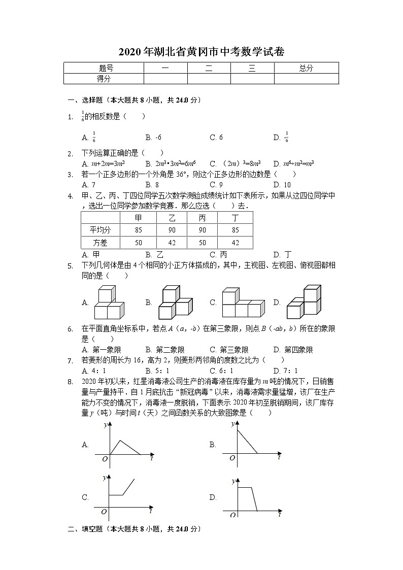 2020年湖北省黄冈市中考数学试卷01