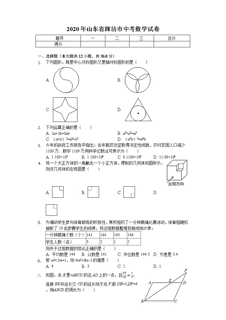 2020年山东省潍坊市中考数学试卷01