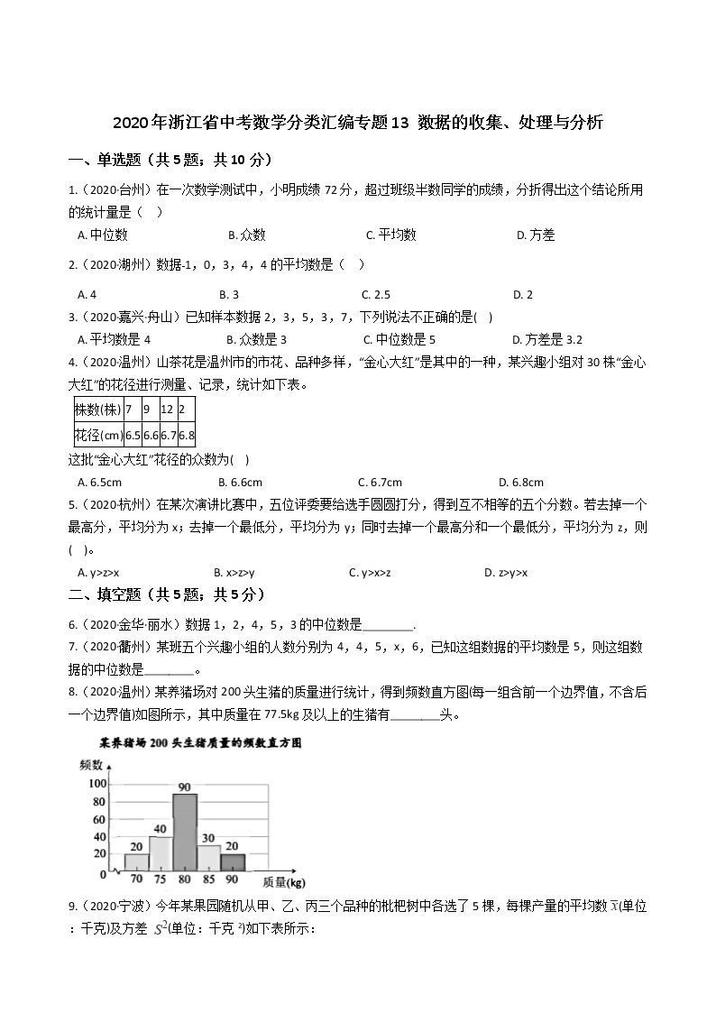 2020年浙江省中考数学分类汇编专题13 数据的收集、处理与分析01