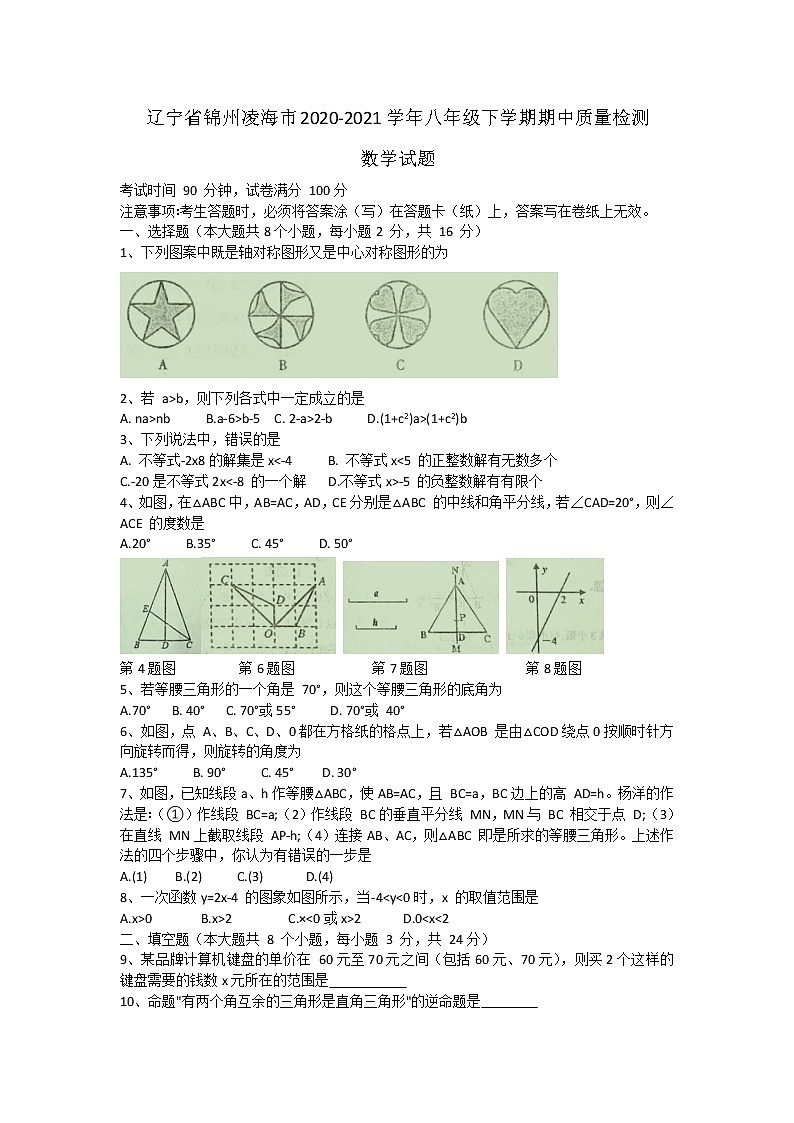 辽宁省锦州凌海市2020-2021学年八年级下学期期中质量检测数学试题（ 含答案）01