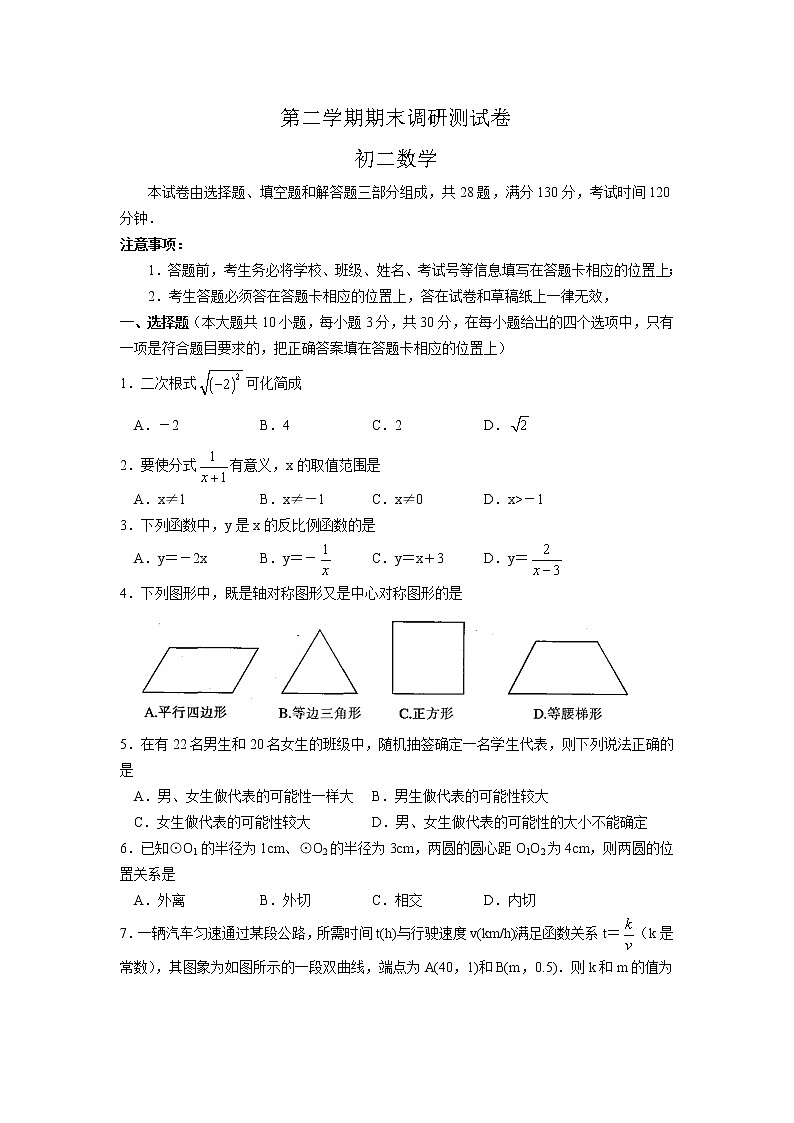 苏科版八年级数学下册期末调研测试 初二数学5601