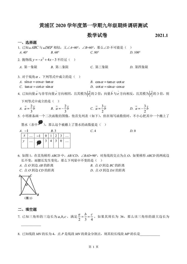 2021年上海市黄浦区中考数学一模卷(配答案)01