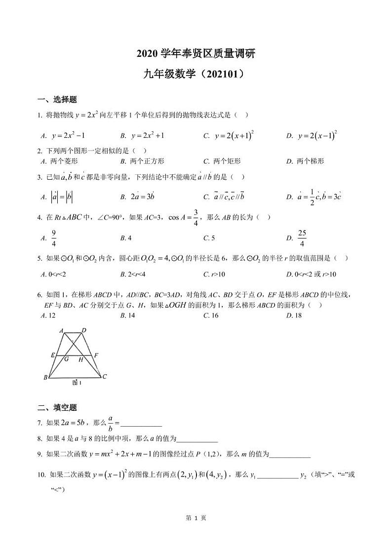 2021年上海市奉贤区中考数学一模卷(配答案)01