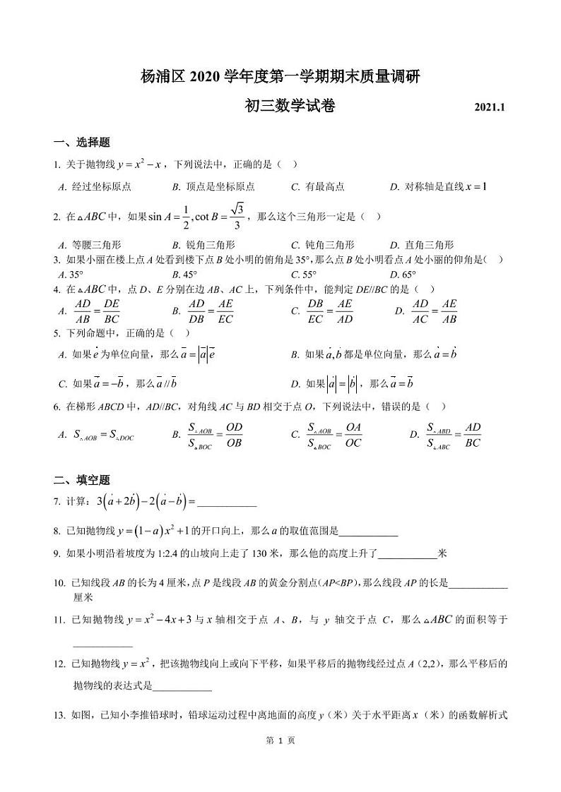 2021年上海市杨浦区中考数学一模卷(配答案)01