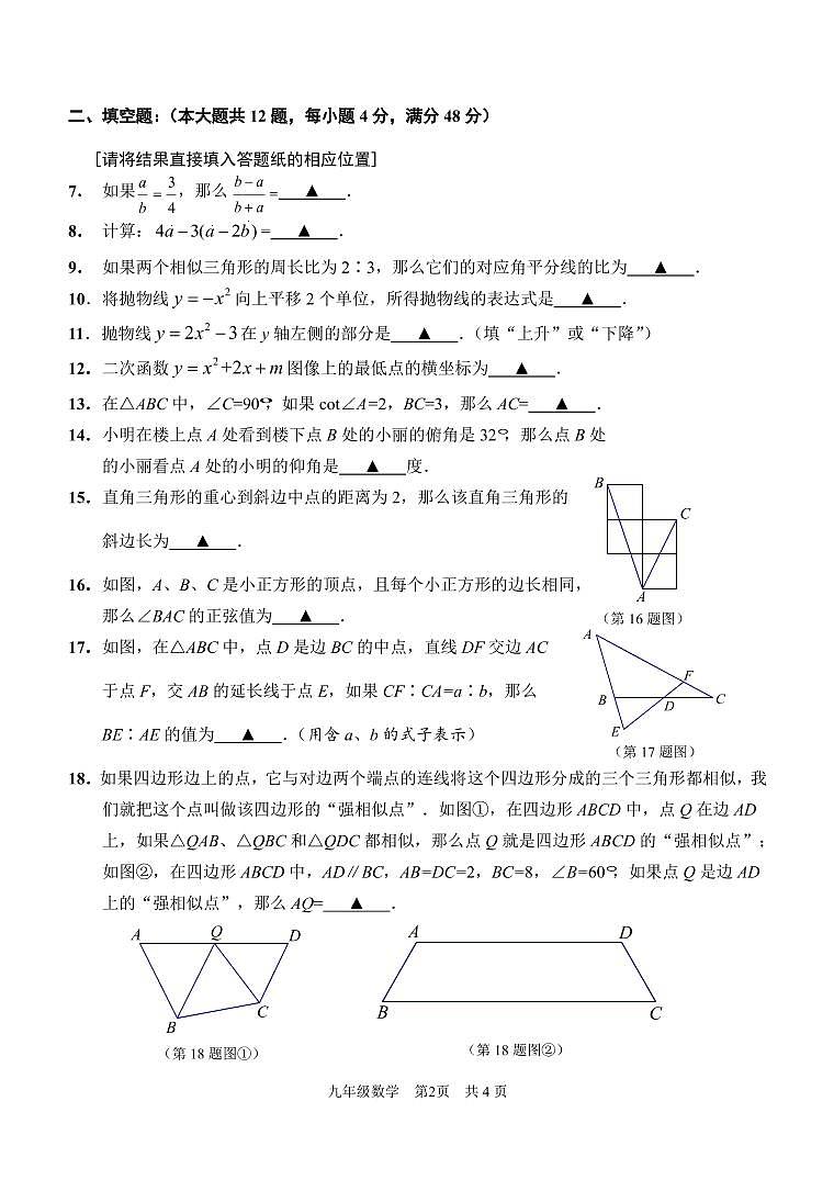 2021年上海市青浦区中考数学一模卷(配答案)02