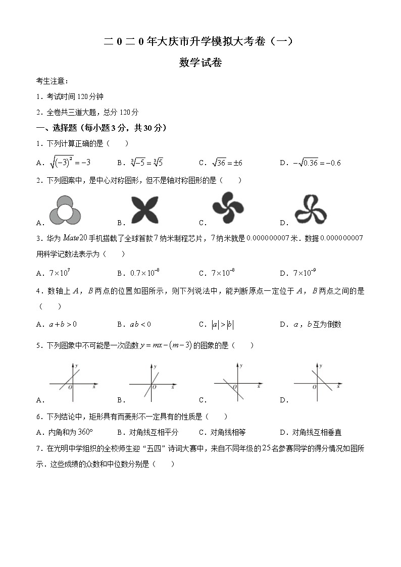 黑龙江省大庆市2020届九年级升学模拟大考卷（一）数学试题第1页