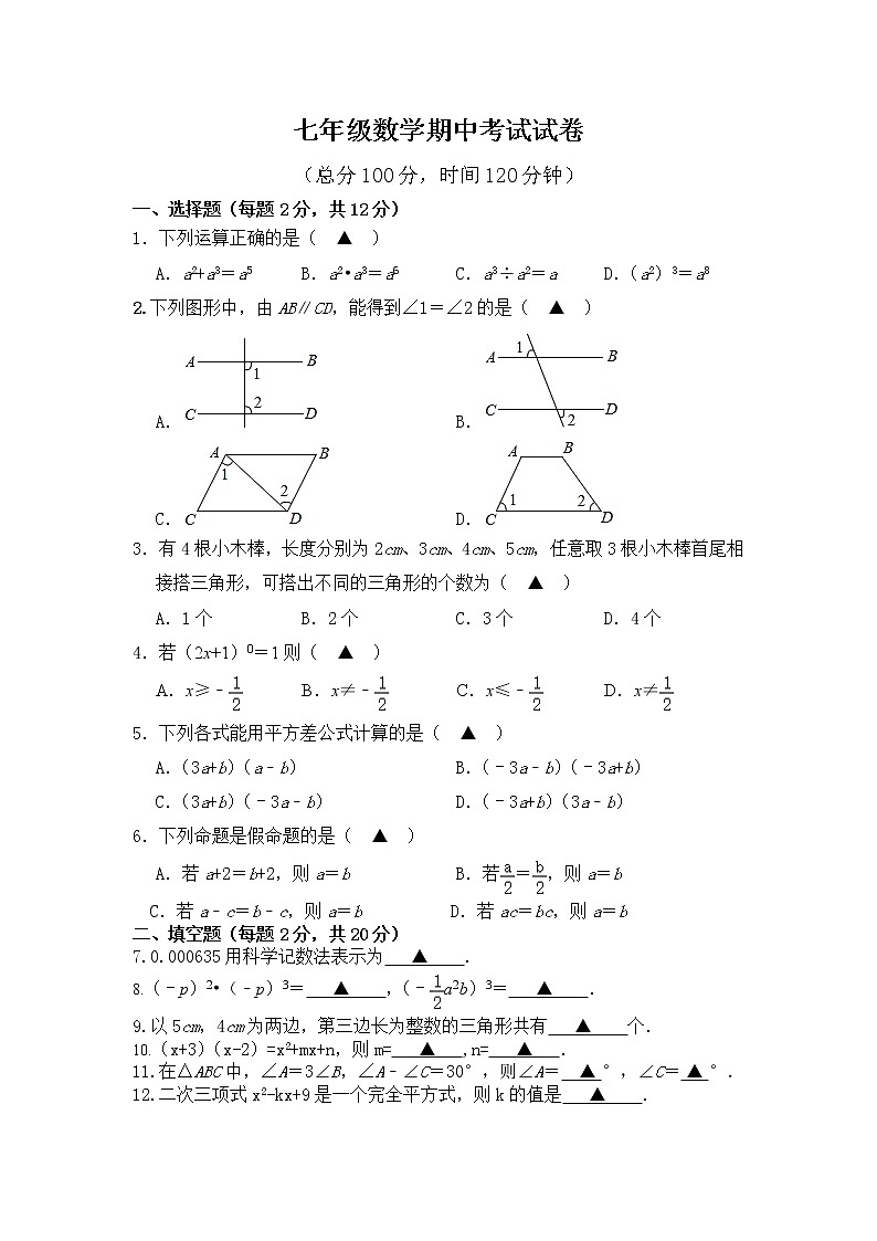 江苏省泰兴市2020-2021学年七年级下学期期中考试数学试题01