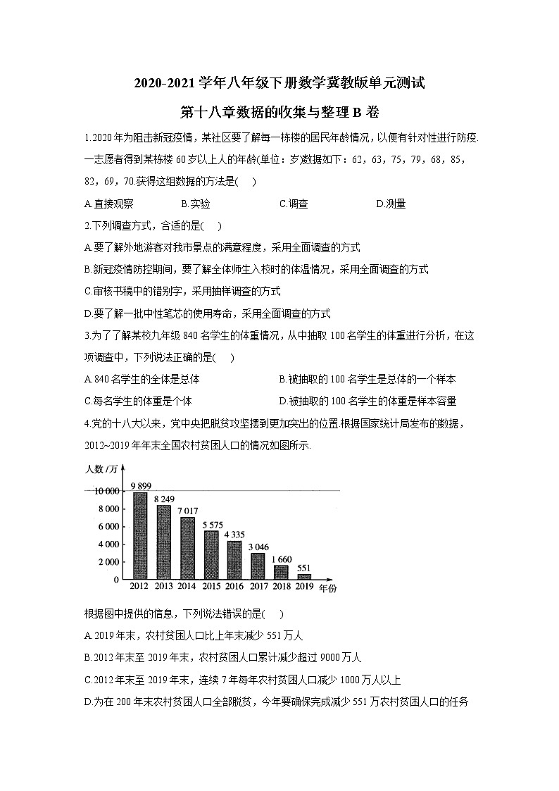 2020-2021学年八年级下册数学冀教版单元测试第十八章数据的收集与整理B卷 (2)01