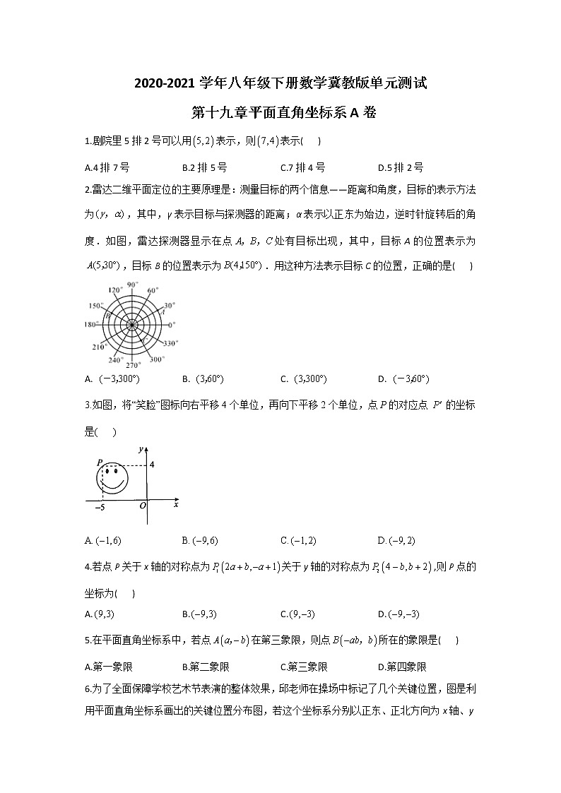 2020-2021学年八年级下册数学冀教版单元测试第十九章平面直角坐标系A卷01
