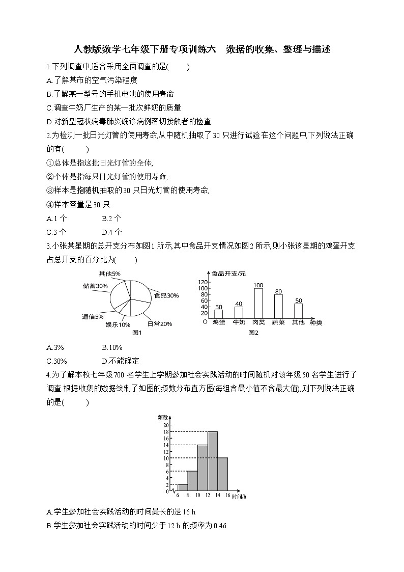 人教版数学七年级下册专项训练六　数据的收集、整理与描述01