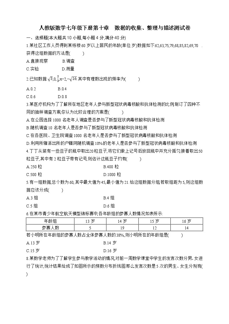 人教版数学七年级下册第十章　数据的收集、整理与描述测试卷第1页