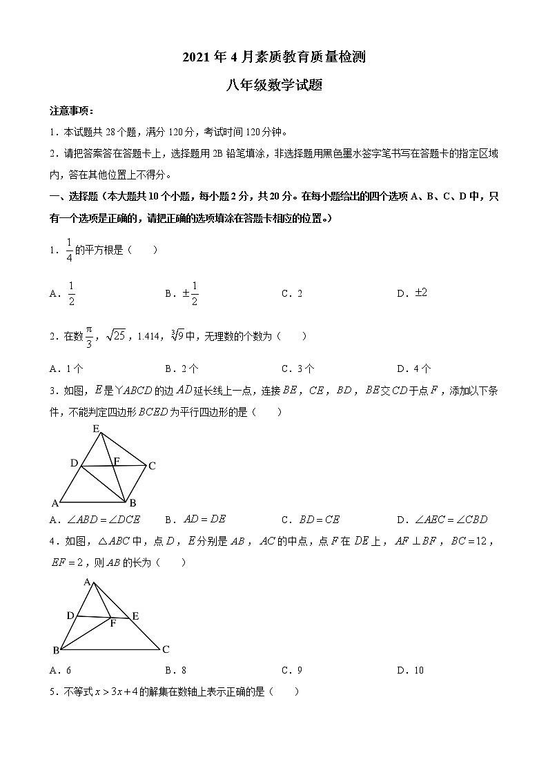 山东省菏泽市曹县2020-2021学年八年级下学期期中考试数学试题（word版 含答案）01