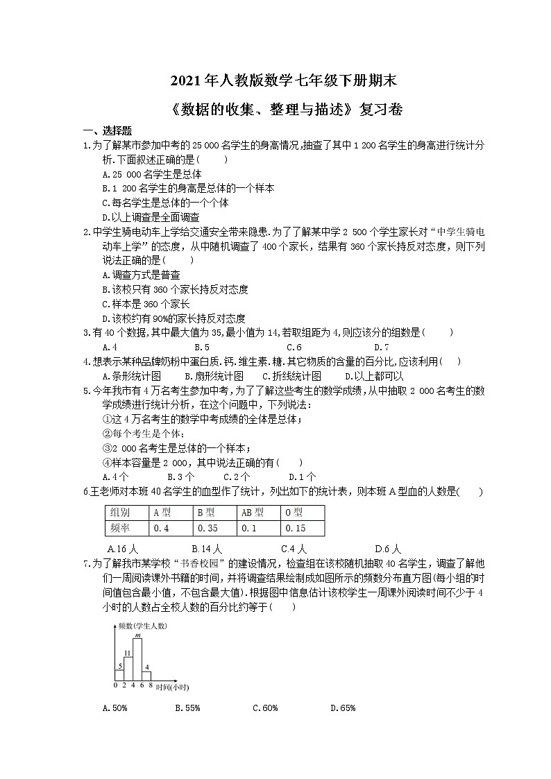 2021年人教版数学七年级下册期末《数据的收集、整理与描述》复习卷（含答案）01