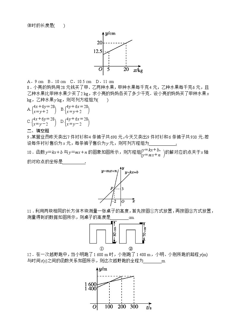 人教版数学八年级下册期末专题复习六　一次函数与二元一次方程组的关系及其应用第1课时  达标训练02