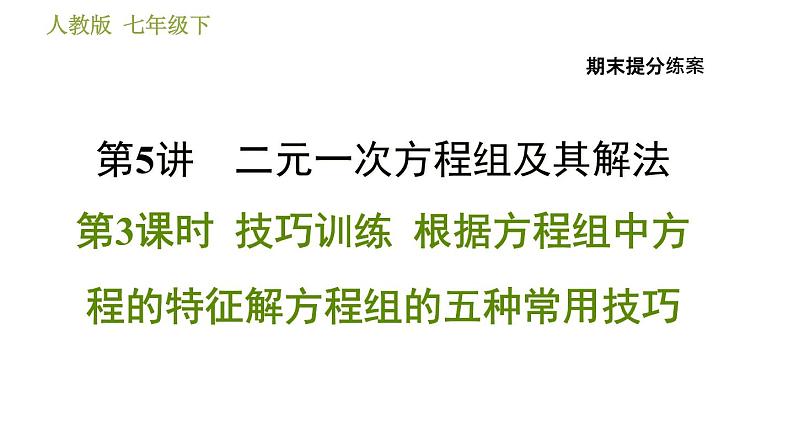 人教版数学七年级下册  5.3  《根据方程组中方程的特征解方程组的五种常用技巧》训练课件（含答案）01